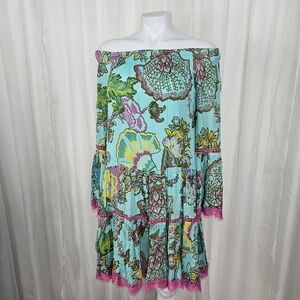 Martina St. Barth Blue Pink Floral Off-Shoulder Cover-Up Dress Bell Sleeve S/M